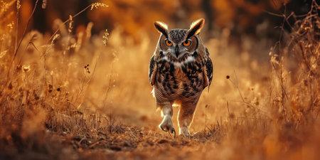 A majestic Great Horned Owl walking towards the camera in a field bathed in golden evening light. Wildlife photography, powerful predator, bird of prey.の素材