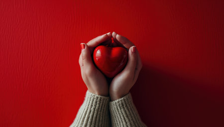 Female hands holding red heart on red background. Love, health, donation, Valentines Day, healthcare, and insurance concept.の素材