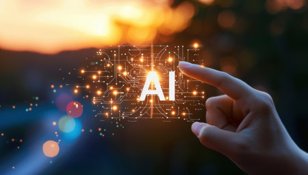 AI Artificial Intelligence on hand digital technology concept. Innovation of future global digital. Businessman touching AI symbol of artificial intelligence digital chatbot.の素材