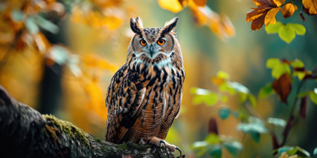 A majestic owl perched on a branch in an autumn forest, its sharp gaze piercing the colorful foliage. The owl's intricate plumage and powerful presence evoke a sense of wonder and awe.の素材