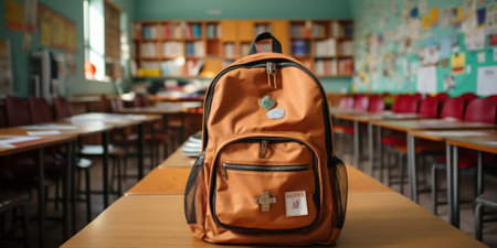 Brown backpack sitting on a desk in an empty classroom with desks and chairs. Back to school, education concept.の素材