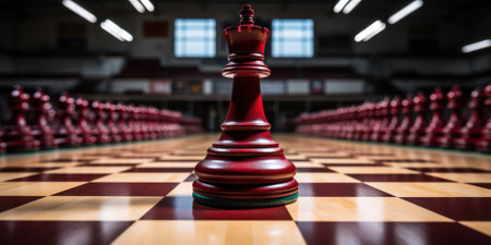 Red king chess piece standing out from the crowd of pawns on a chessboard. Concept of leadership, strategy, and success in business and life.の素材