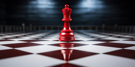 Red chess queen standing alone on a dramatic chessboard with dark background and atmospheric lighting. Concepts. strategy, power, leadership, victory.の素材