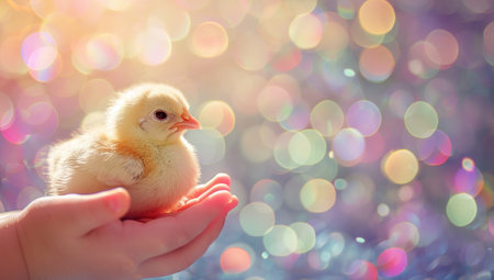 Adorable baby chick held gently in child's hands with colorful, sparkling bokeh background. Concept of spring, Easter, new life, and childhood innocence.の素材