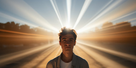 Portrait of a young man with bright light rays emanating from behind his head, symbolizing hope, inspiration, or spiritual awakening.の素材
