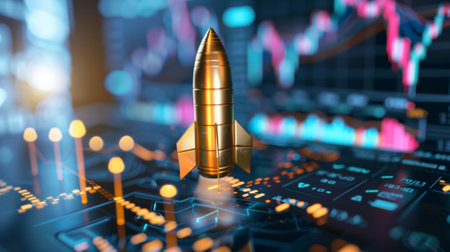 Golden bullet on circuit board with stock market data, symbolizing risk, volatility and trading in financial marketsの素材