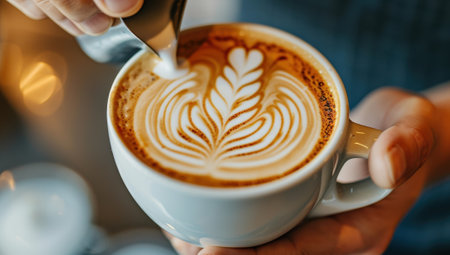 Close up of a barista's hands carefully pouring milk into a cup of espresso to create intricate latte art. The warm lighting and rich colors of the coffee create an inviting atmosphere.の素材