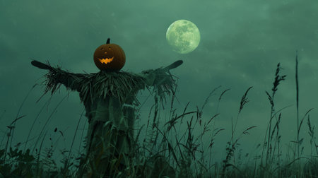 A spooky scarecrow with a glowing pumpkin head stands in a foggy field at night, silhouetted against the eerie green moonlight. Perfect for Halloween projects!の素材