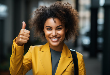 Portrait of a confident and successful young African American businesswoman giving a thumbs up gesture while standing outdoors. Business success and career concept.の素材