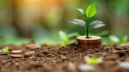 Plant Growing On Stack Of Coins In Soil. Concept of Investment Growth, Financial Success, And Sustainable Business.の素材