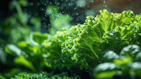 Close up of fresh, vibrant green lettuce being watered in an indoor hydroponic garden. The image highlights the concept of sustainable agriculture, healthy eating, and homegrown produce.の素材