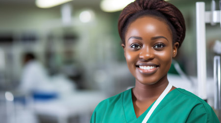 Portrait of a confident and friendly African female doctor or nurse in a modern hospital, wearing green scrubs and a cheerful smile.の素材