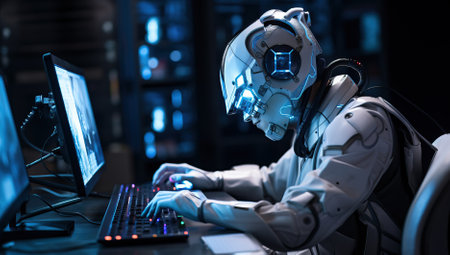 A futuristic cyborg gamer wearing a helmet and suit with illuminated elements intensely focused on a gaming competition.の素材