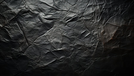 Dark and moody abstract background with black crumpled paper texture. Grunge, distressed, and textured backdrop.の素材