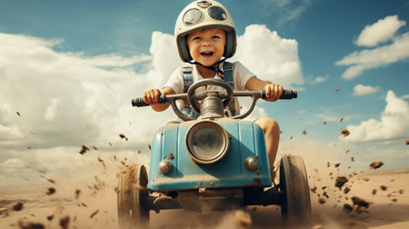 A young boy enjoys the thrill of racing his toy car through a dirt track, his face lit up with pure joy and excitement.の素材