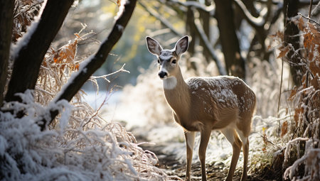 A beautiful white tailed deer stands in a snowy forest, its coat dusted with snowflakes. The sunlight creates a magical atmosphere as the deer gazes at the camera.の素材