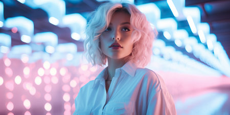 Stylish young woman with white hair posing against a vibrant neon background in the city at night. Modern, urban fashion and lifestyle concept.の素材