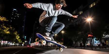 Young man performing a skateboarding trick on a ramp at night in the city. He is wearing casual clothing and a beanie hat.の素材