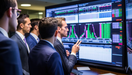 Group of focused stock traders analyzing real time financial data on multiple computer screens in a modern office.の素材