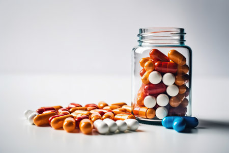 A glass jar lying on its side with assorted colorful pills spilling out onto a white surface. Concepts. medicine, healthcare, pharmacy, pharmaceuticals, and wellness.の素材