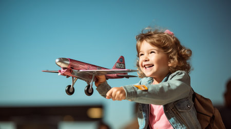 Happy little girl playing with a toy airplane. She dreams of traveling and becoming a pilot. Child with a toy plane having fun outdoors.の素材