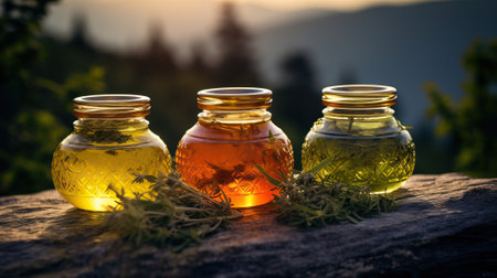 Three glass jars filled with herbal tinctures sit on a log with herbs in the sunset.の素材