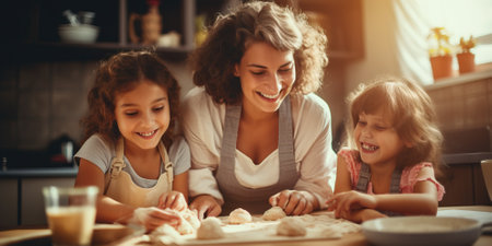 Happy loving family is preparing bakery together. Mother and her daughters are cooking cookies and having fun in the kitchen. Homemade food and little helpers.の素材