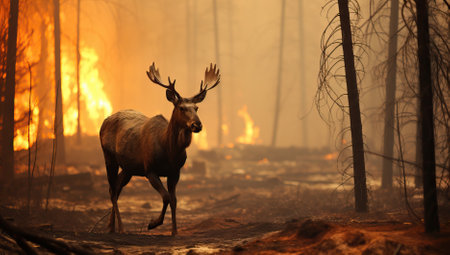 A lone moose walks through a burning forest, a stark image of the impact of wildfires on wildlife and their habitat.の素材