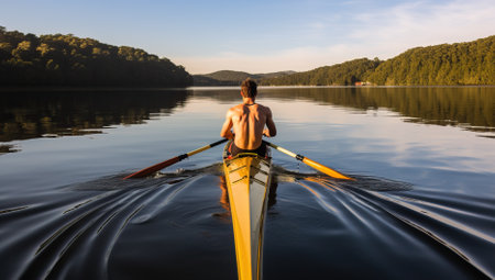 A shirtless male athlete rows a scull on a glassy lake in the early morning, surrounded by serene nature.の素材