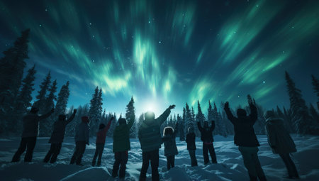 Silhouettes of people raising their arms under the magical northern lights, creating a breathtaking and unforgettable experience.の素材
