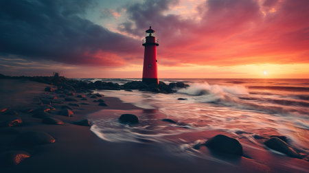 A red lighthouse stands tall on a rocky shore, guiding ships with its bright beam as waves crash against the rocks and a vibrant sunset paints the sky.の素材