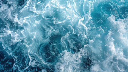 Aerial view of turquoise blue ocean water with waves and white foam.の素材