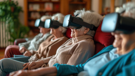 Group of senior citizens wearing VR headsets and experiencing virtual reality, enjoying immersive technologyの素材