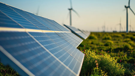 Solar panels and wind turbines in a renewable energy power plantの素材