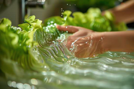 Close up of hands washing fresh green lettuce leaves under running water. Concept of healthy eating, food preparation, kitchen hygiene, and gardeningの素材