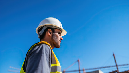 Construction worker in hard hat and safety vest looking at building project. Concept of construction, engineering, labor, and skilled trades.の素材