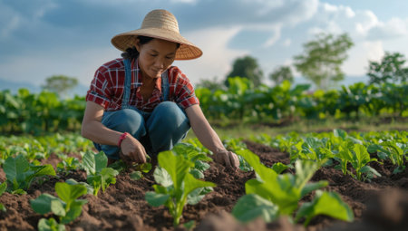 Farmer tending to crops in lush green field under dramatic cloudy sky. Concept of agriculture, farming, food production, sustainability, and environmental stewardship.の素材