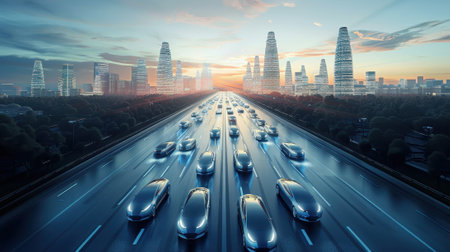Futuristic autonomous self driving electric cars on highway in smart city at sunset. AI, technology, and transportation concept.の素材