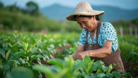 Farmer examining crops in organic vegetable garden, concept of sustainable agriculture, healthy food production and self sufficiencyの素材
