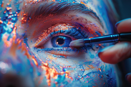 Close up of artistic painting on eye with vibrant colors, showcasing creative makeup and body art techniquesの素材