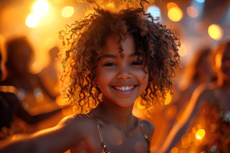 Smiling girl with curly hair in a festive atmosphere, surrounded by colorful lights and joy. Capturing the essence of childhood, happiness, and celebration.の素材