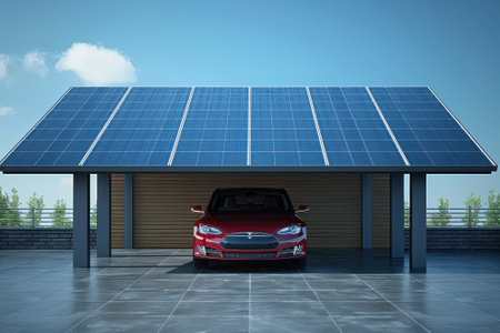 Modern carport with solar panels providing renewable energy for an electric vehicle. Concept of sustainability and green technologyの素材