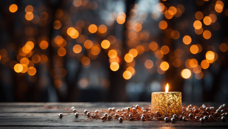 Lit candle on a wooden table surrounded by pearls with blurred bokeh lights in the background. Ideal for creating a cozy and romantic atmosphereの素材