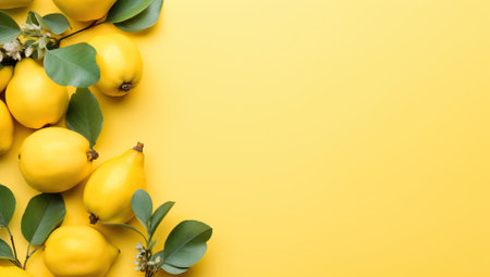 Fresh yellow pears with green leaves arranged on a bright yellow background. Concept of healthy eating, nutrition, and harvestの素材