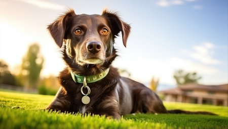 Brown dog with collar lying on the grass.  Close-up portrait of a pet, domestic animal, canine, companion, furry friend. Concept of loyalty, love, trust.の素材