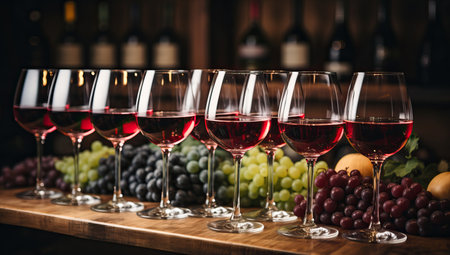 Glasses of red wine with grapes on wooden tableの素材