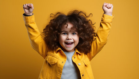 Excited young child with arms raised in celebrationの素材