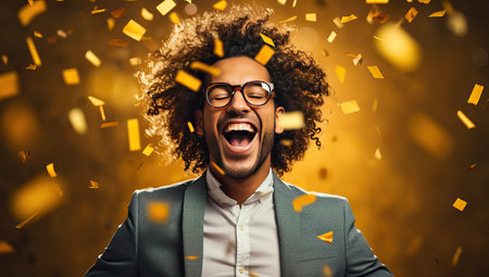 Excited Businessman Celebrating Success with Confettiの素材
