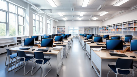 Modern computer lab in school or university. Bright classroom for e learning and technology education.の素材