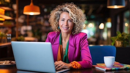 Smiling businesswoman working on laptop in cafe, remote work, digital nomad.の素材